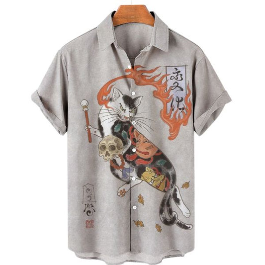 Japanese Samurai Cat Design Men's Hawaiian Short Sleeve Shirt