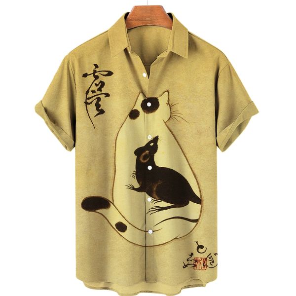 Japanese Samurai Cat Design Men's Hawaiian Short Sleeve Shirt