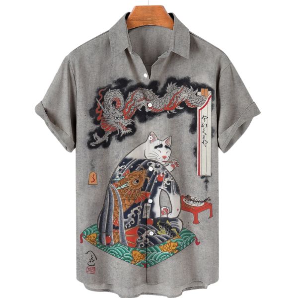 Japanese Samurai Cat Design Men's Hawaiian Short Sleeve Shirt