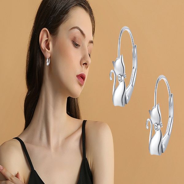 Silver Long Tail Cat Hoop Earrings