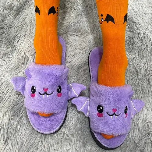 Halloween Spooky Bat Pumpkin Plush Slippers