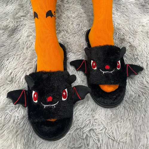 Halloween Spooky Bat Pumpkin Plush Slippers