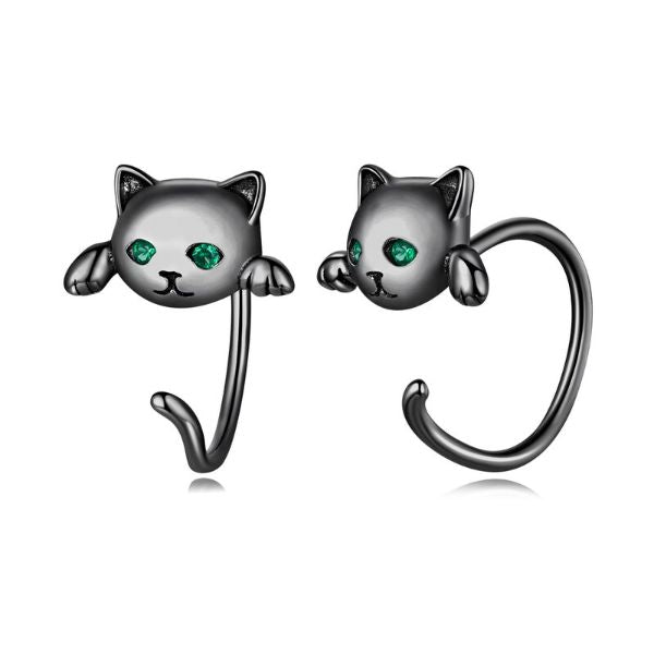 Black Eye Silver Cat Earrings