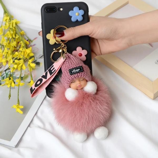 Pompom Sleeping Baby Plush Keychain