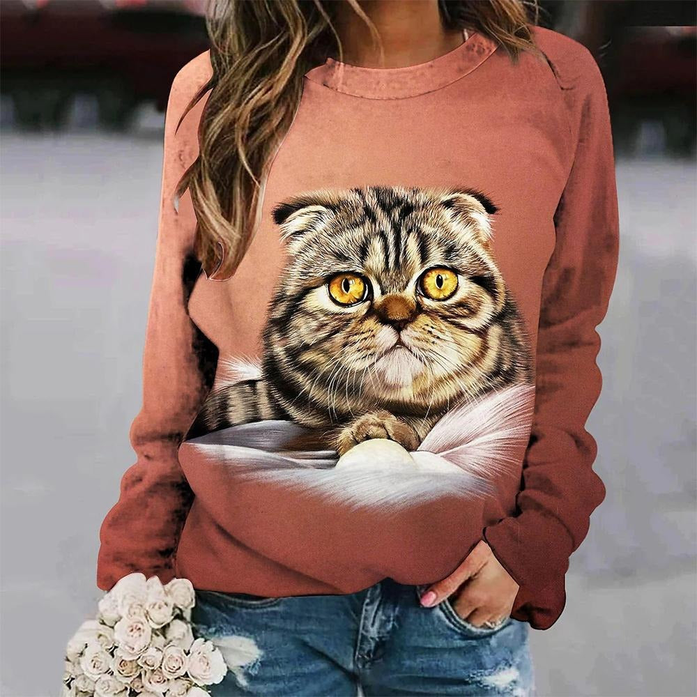 Trendy Cat Print Long-Sleeve Pullover T shirt