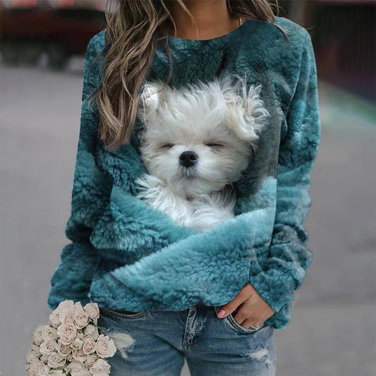 Funky Dog Print Long-Sleeve Pullover T shirt