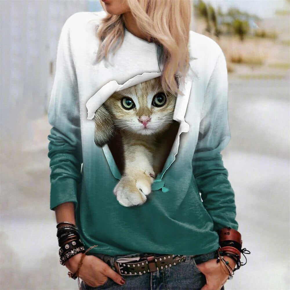 Fashion Cat Print Long-Sleeve Pullover T shirt