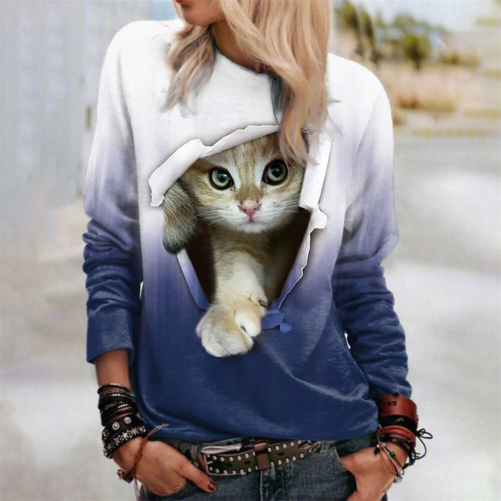 Fashion Cat Print Long-Sleeve Pullover T shirt