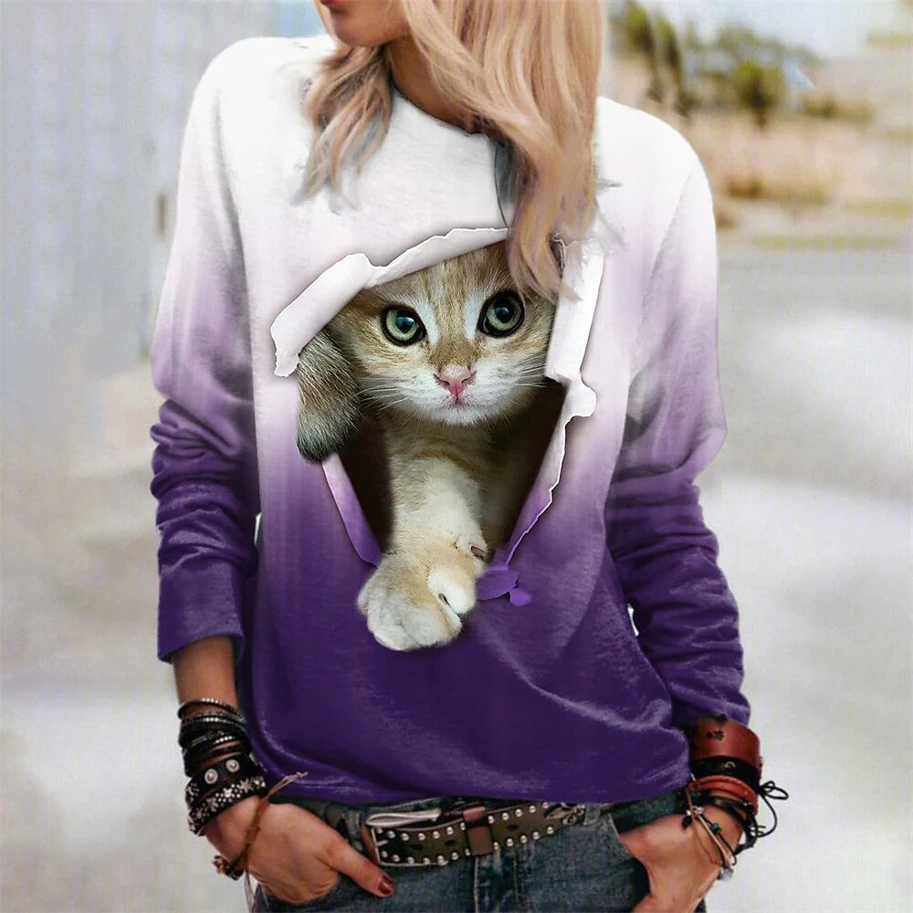 Fashion Cat Print Long-Sleeve Pullover T shirt