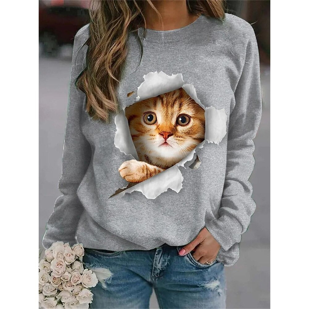Trendy Cat Print Long-Sleeve Pullover T shirt