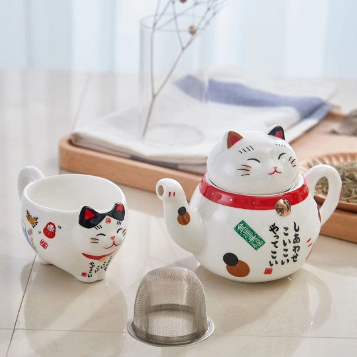 Lucky Cat Maneki Neko Ceramic Tea Cup Pot With Strainers